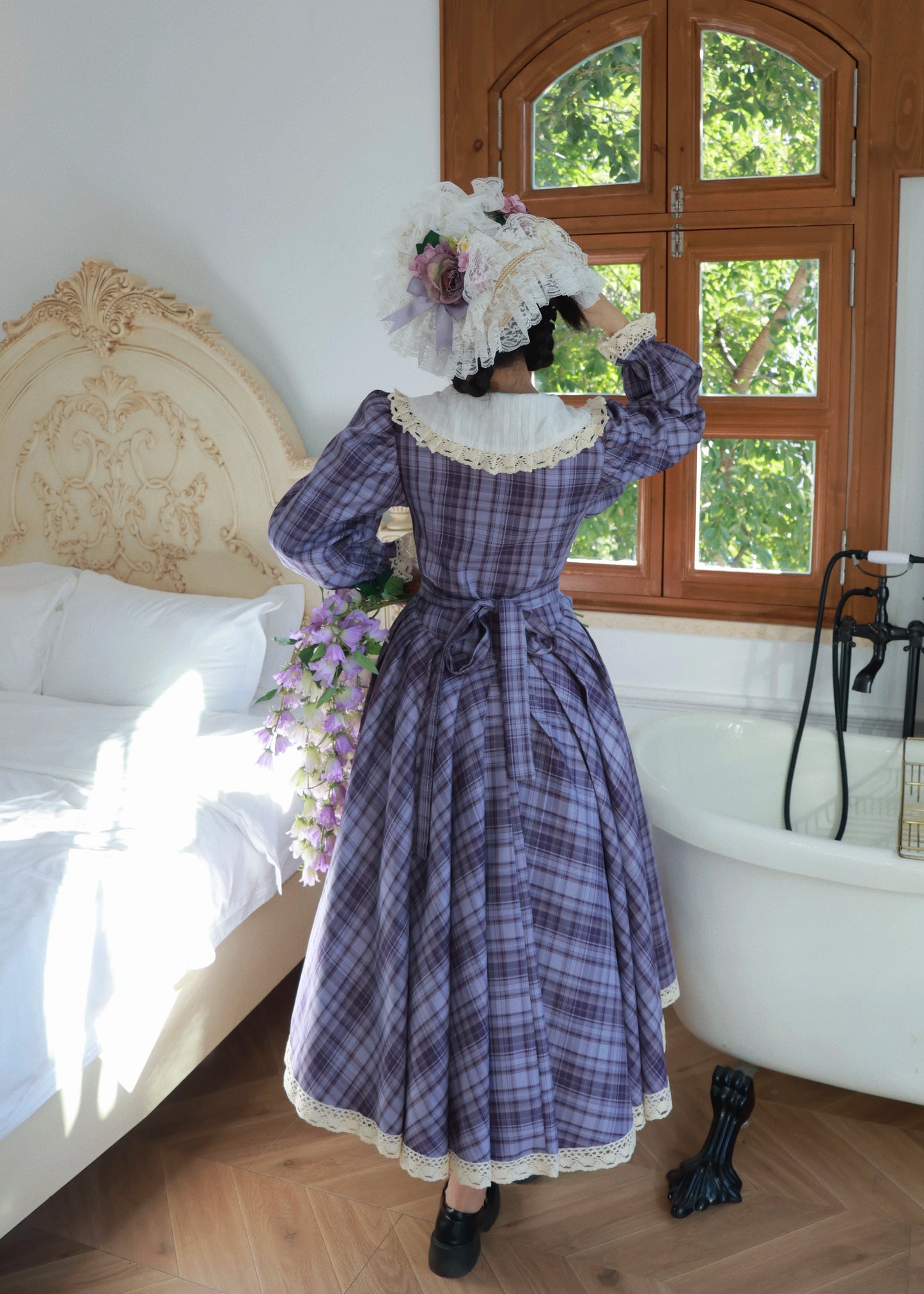 1970s Tartan Puff Sleeves Picnic Dress （Customizable）