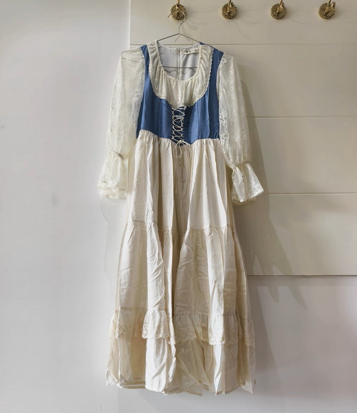 Gunne Sax Style Lace Stitched Prairie Dress