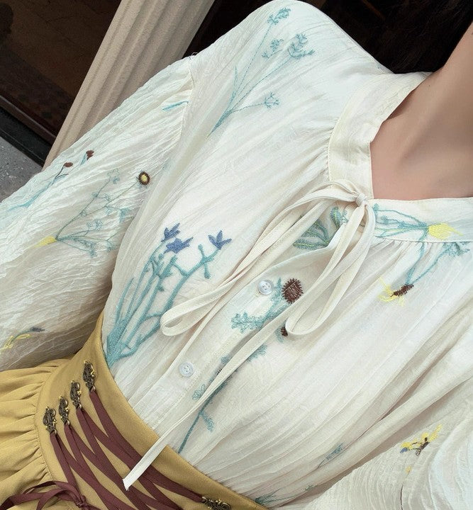 Cottagecore Puff Sleeves Blouse & Lace up Skirt