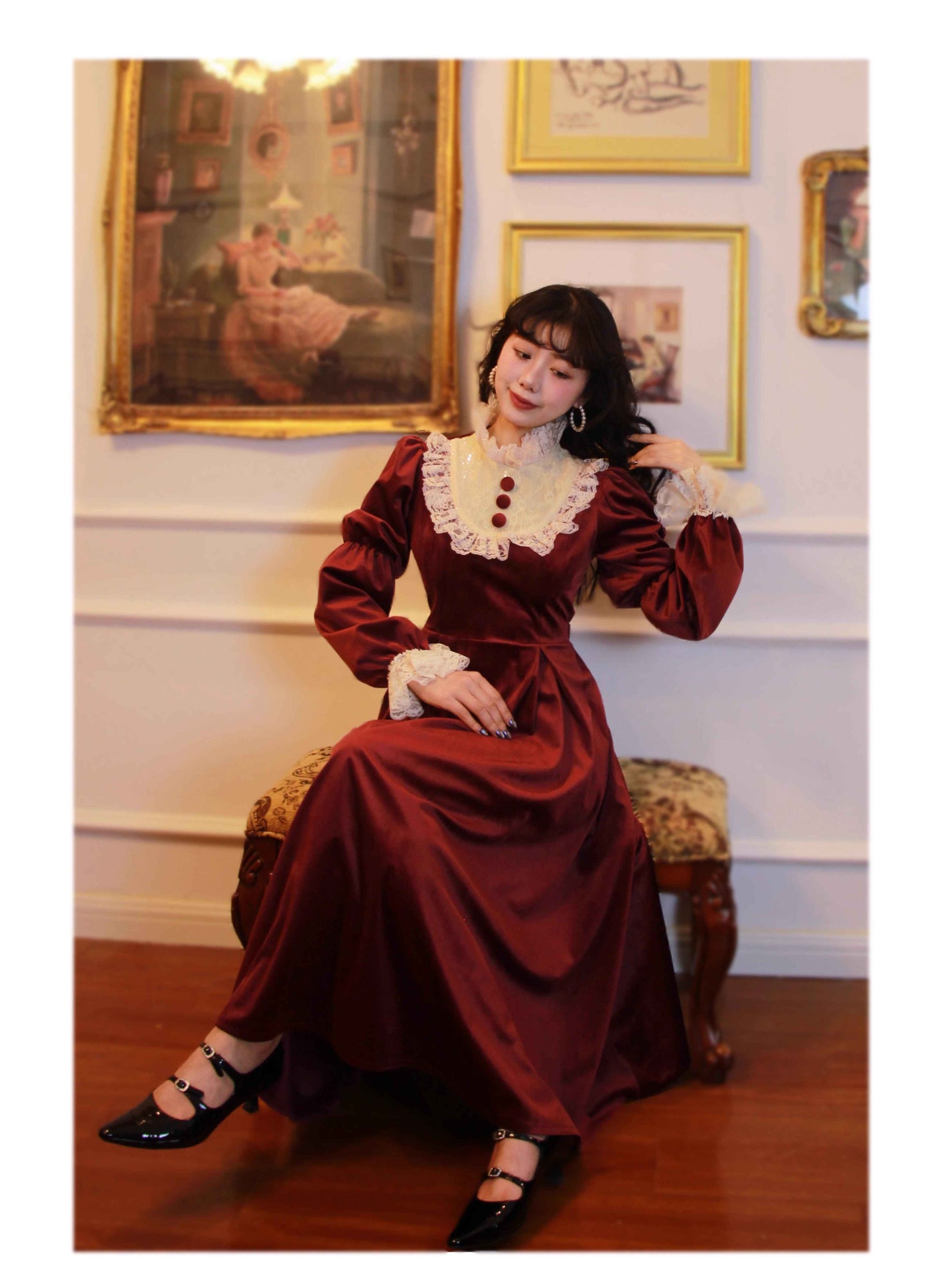 Vintage 30s Lace Stitched Velvet Dress