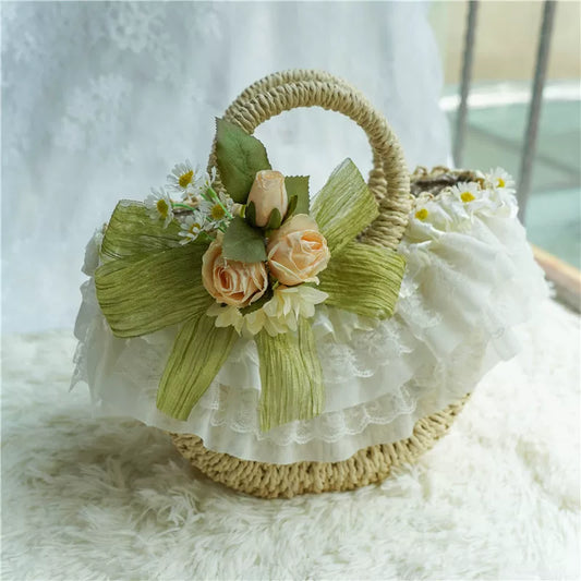 Handmade Cottagecore Floral Lace Panel Straw Bag