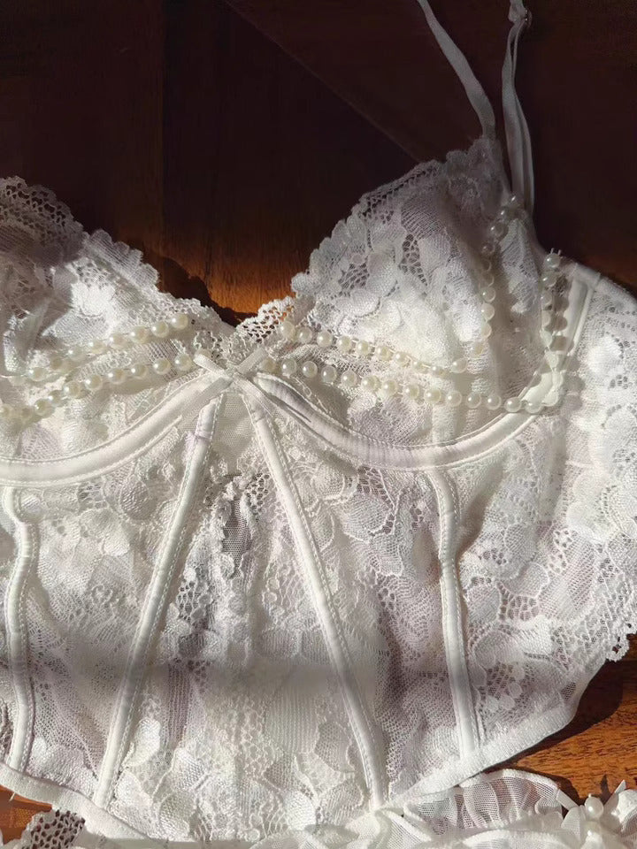 Vintage Bridal Lace Lingerie Set with Pearl Chain