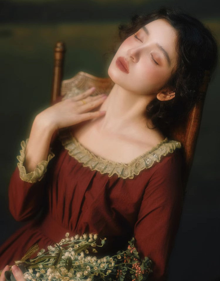 Period Drama Lace Collar High Waist Dress