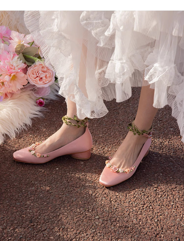 Retro Rose Embellished Vine Low-Heel Slip-Ons