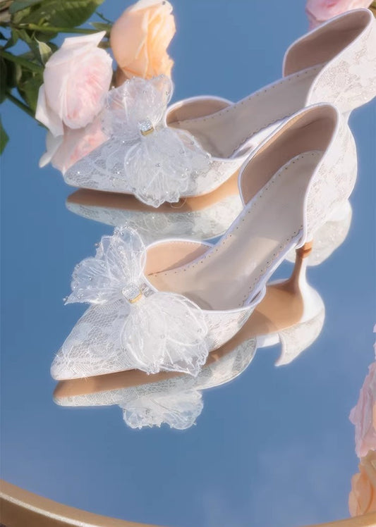 Dreamy Lace Bow Tie Pointed Toe Heels