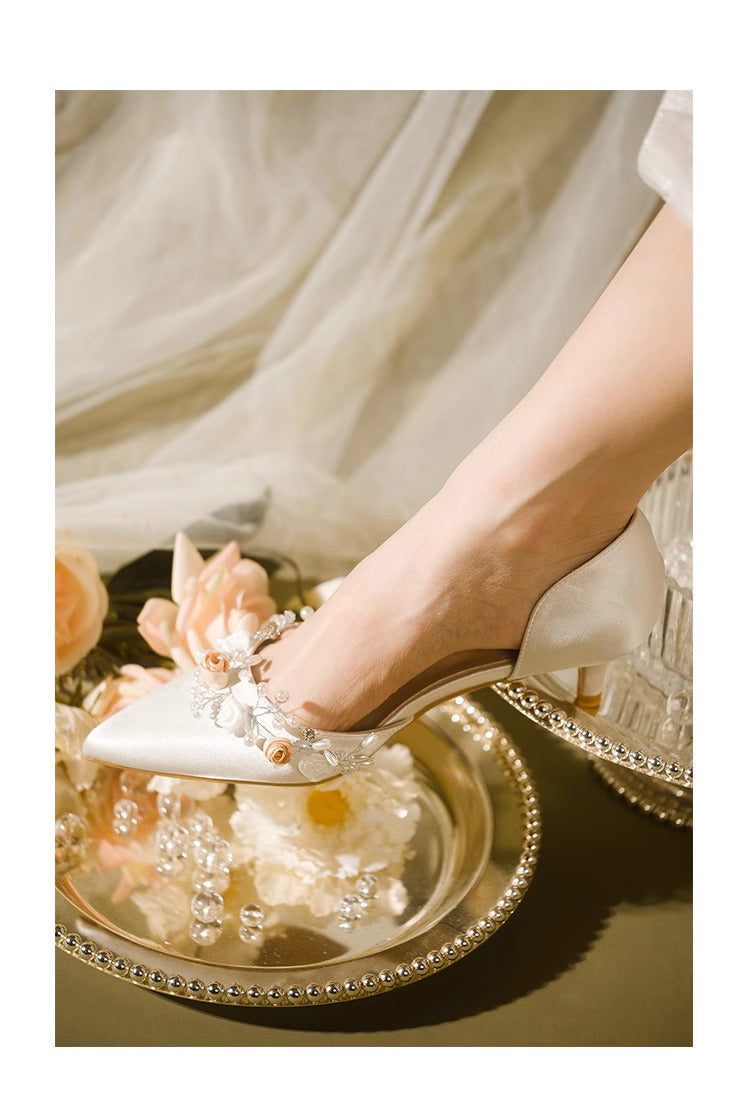 Vintage Flower Beaded Pointed Toe Stiletto Heels