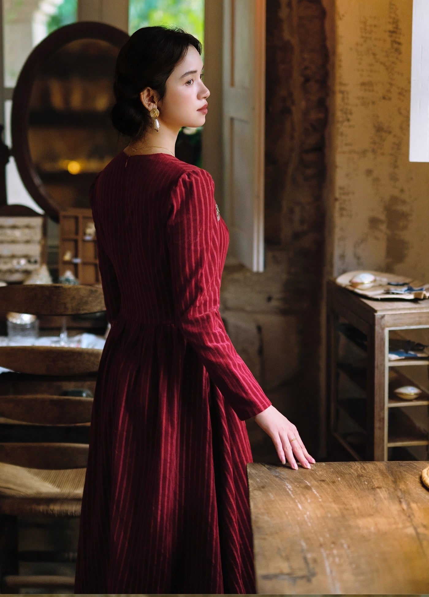 Retro Court Square neck beaded corduroy Dress