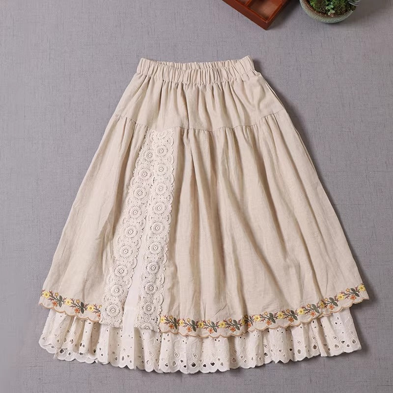Cottagecore Embroidery Lace Trim Skirt