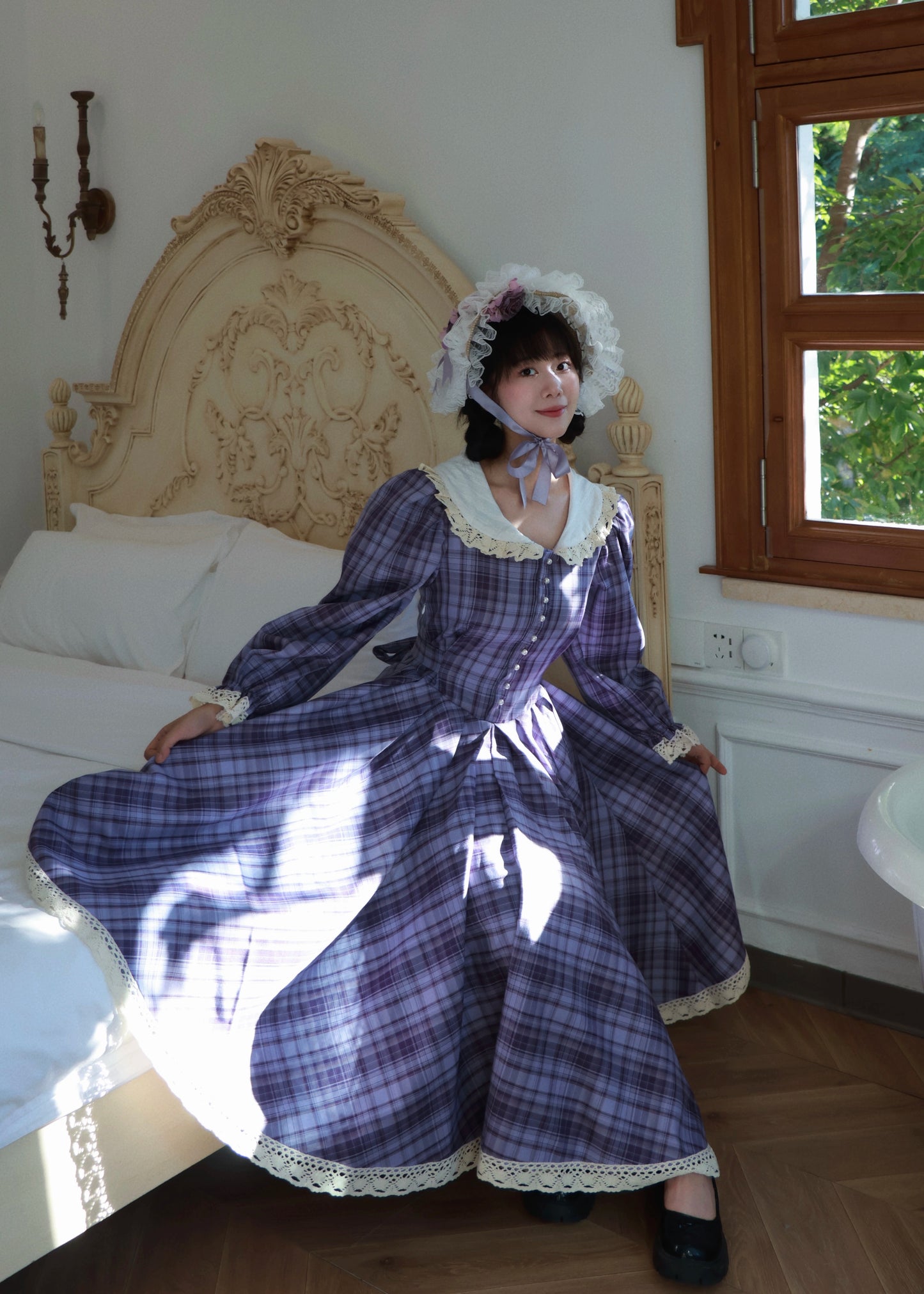 1970s Tartan Puff Sleeves Picnic Dress （Customizable）