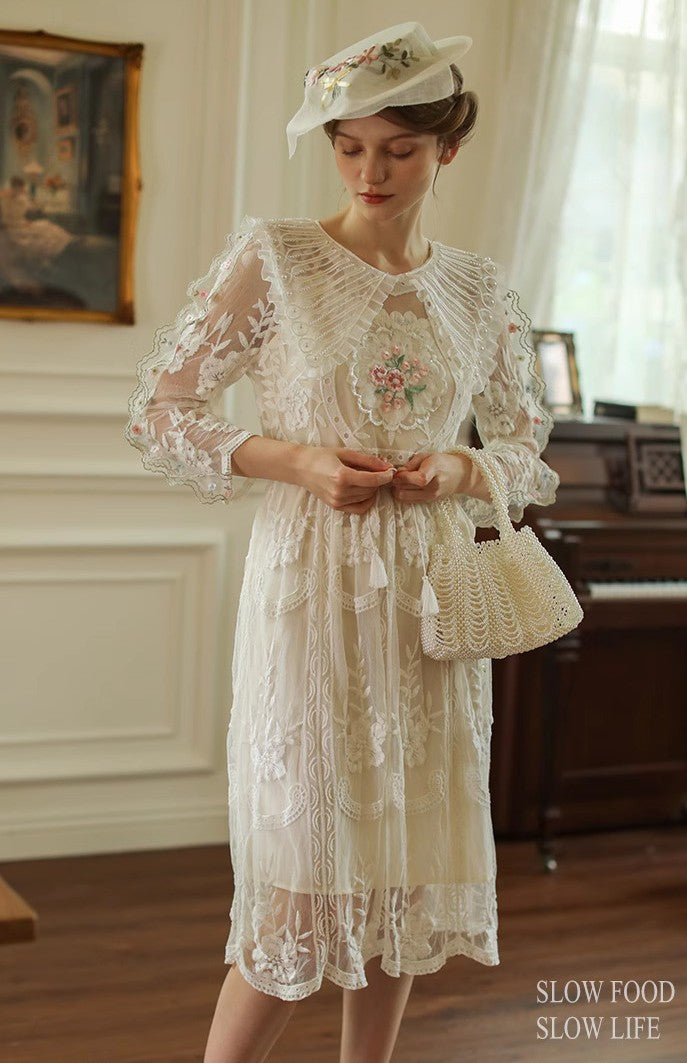 Vintage 30s Embroidery Lace Dress
