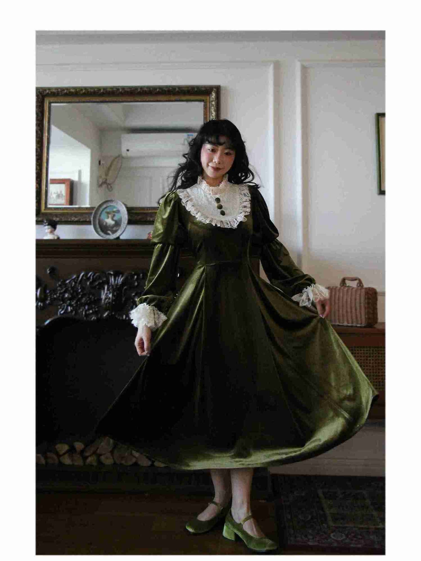 Vintage 30s Lace Stitched Velvet Dress