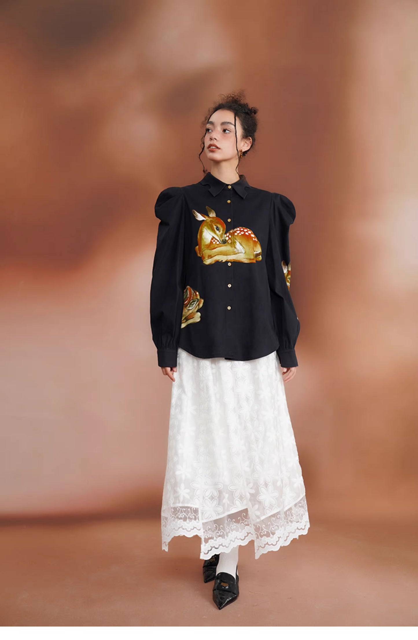 Deer Print Puff Sleeves Blouse Top