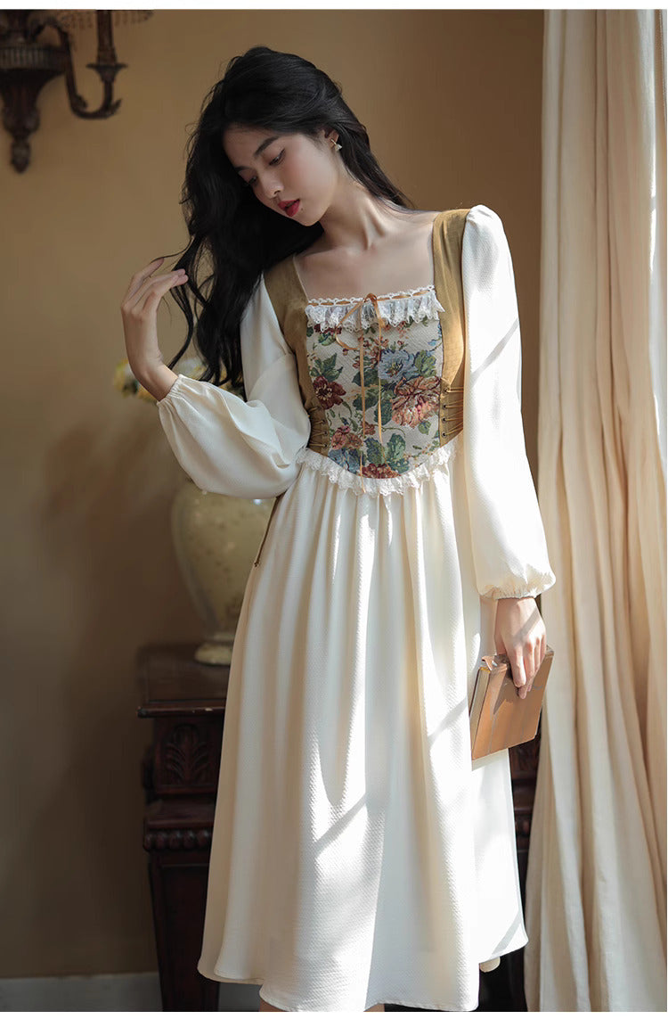 Hobbitcore Contrast Color Corset Dress