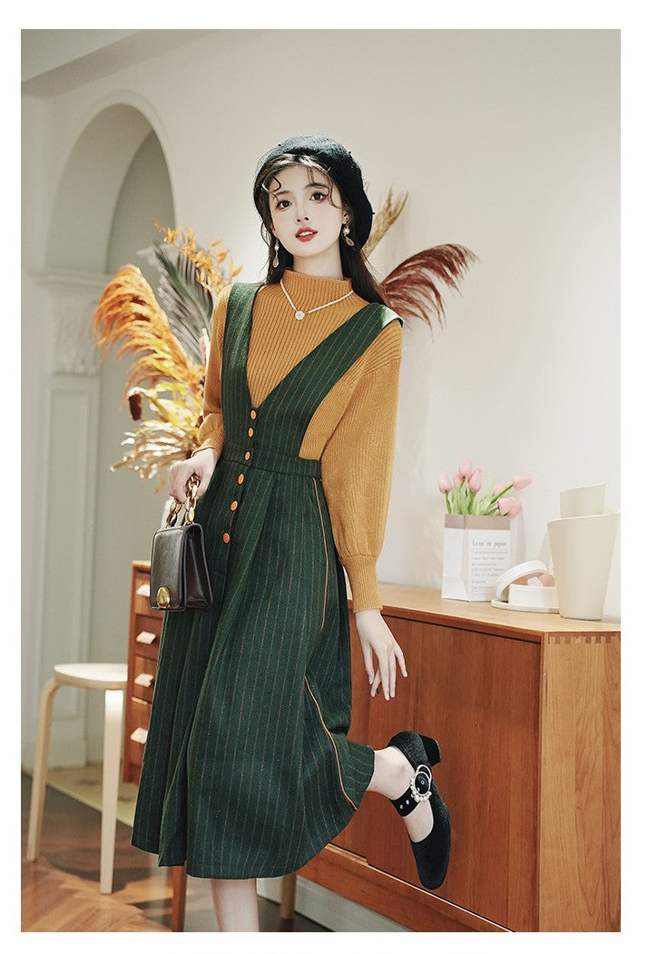 Retro Parisian Knit Top & Pinafore Dress Set Green / L I Retro Fairy Retro Parisian Knit Top & Pinafore Dress Set Green / L I Retro Fairy