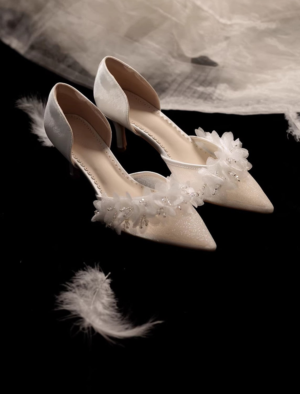Dreamy Flower Embellished Shimmering Pointed Toe Heels