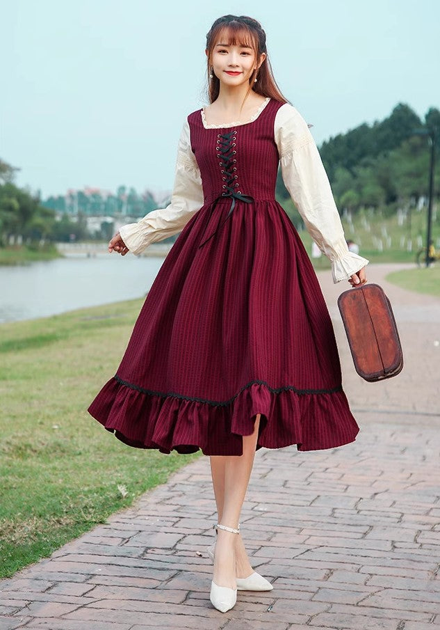 Cottagecore Lace Up Vintage Cotton Dress M / Dark Red I Retro Fairy Cottagecore Lace Up Vintage Cotton Dress M / Dark Red I Retro Fairy