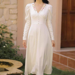 30S V Neck White Bridal Dress