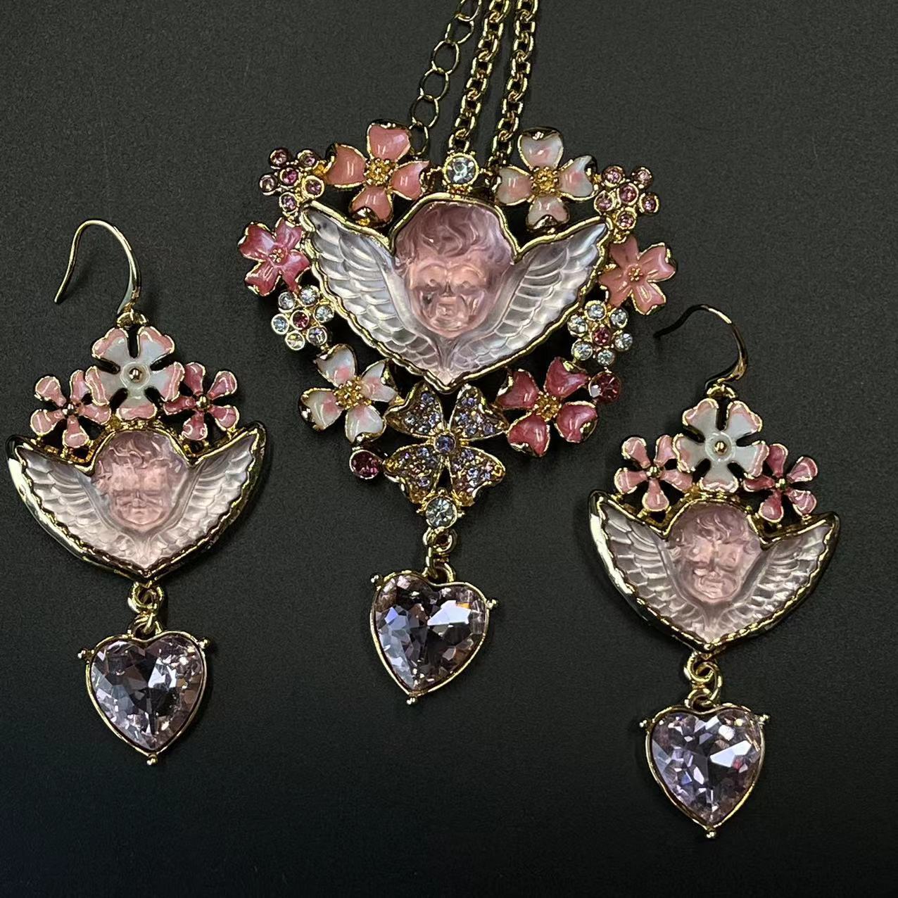Angelcore Embellished Flower Necklace & Earrings
