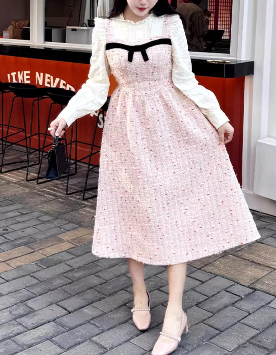 Retro Pink Woven One-Piece Dress