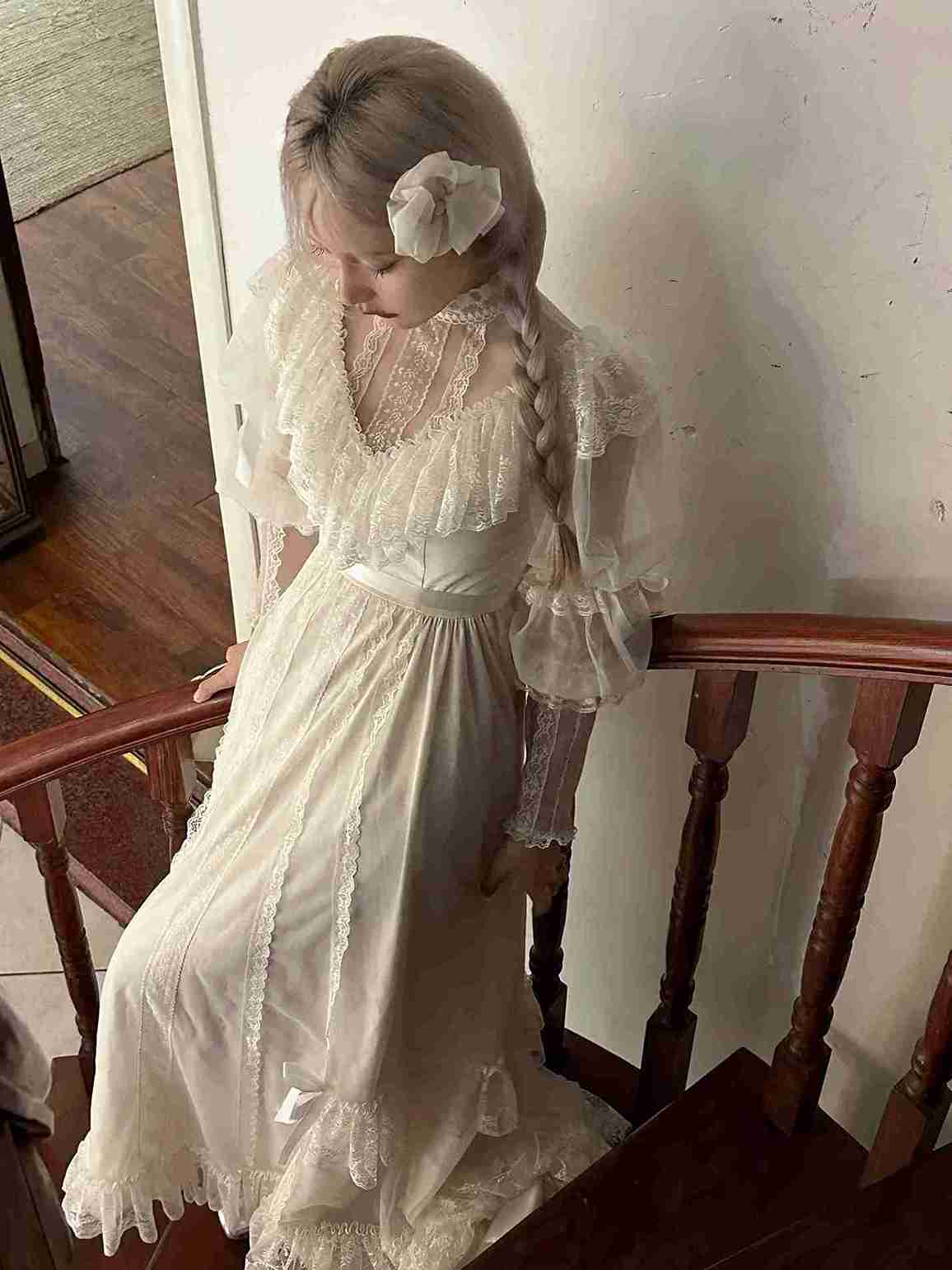 1900s Lace Panel Stand Collar Princess Dress Maxi / L I Retro Fairy 1900s Lace Panel Stand Collar Princess Dress Maxi / L I Retro Fairy