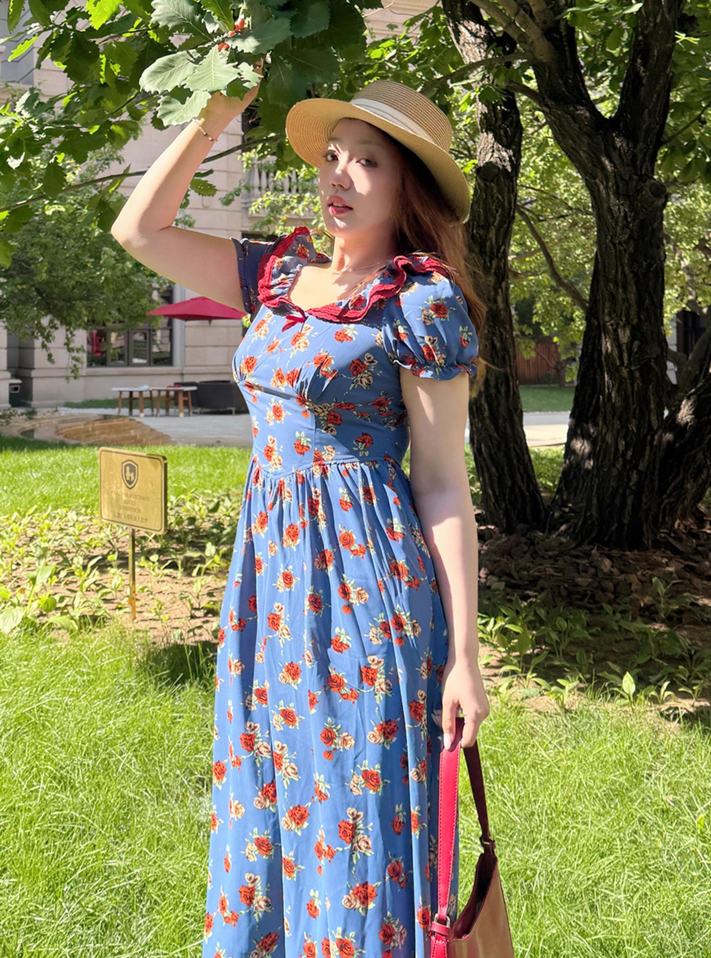 Retro Parisian Floral Puff Sleeves Dress [Extended Sizes]