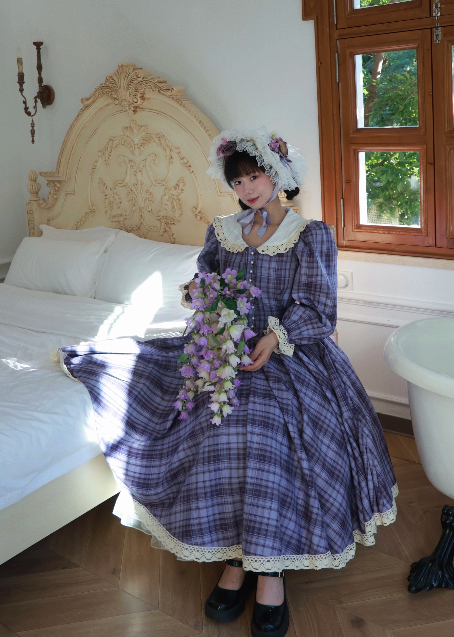 1970s Tartan Puff Sleeves Picnic Dress （Customizable）