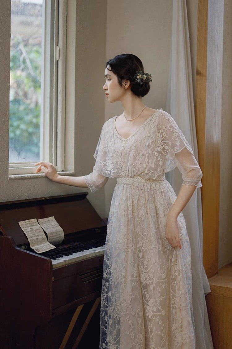 Downtown Abbey Style Embroidered Lace Cape Dress