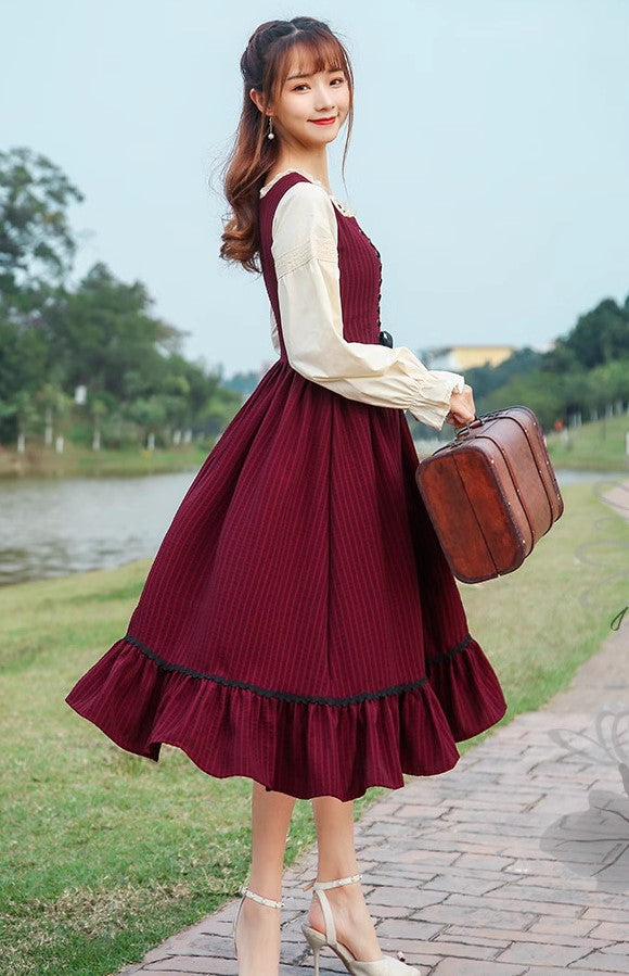 Cottagecore Lace up vintage cotton dress M / Dark Red