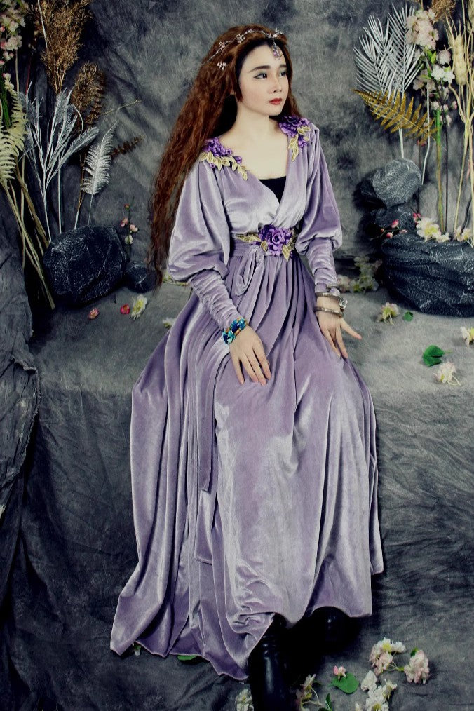 Fairycore V Neck Embroidery Nymph Dress Purple / L (Length- 54.7 inches/139 cm) I Retro Fairy