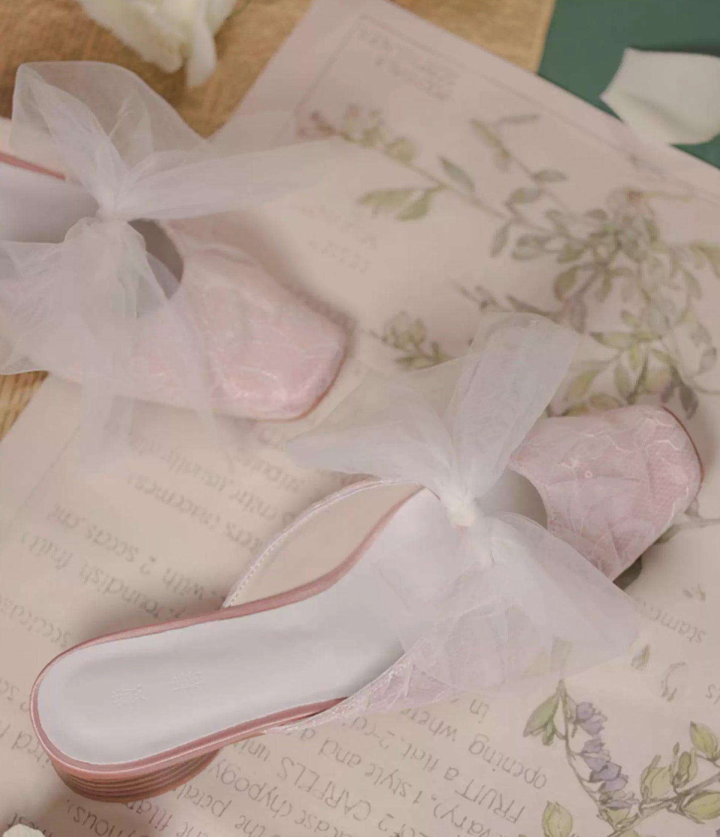 Lace mesh bow square-toe chunky heel Mules Slippers