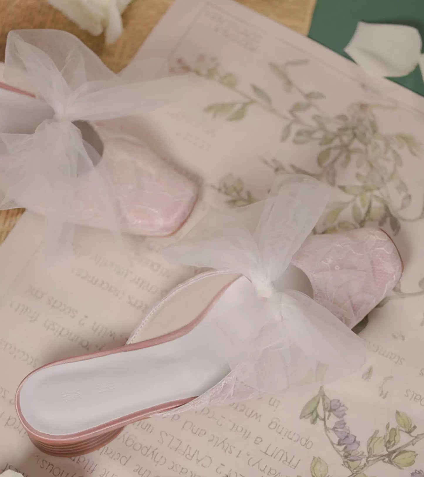 Lace mesh bow square-toe chunky heel Mules Slippers