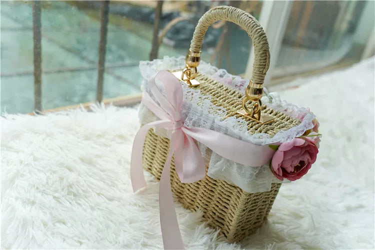 Handmade Cottagecore Floral Straw Bag