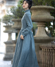 Load image into Gallery viewer, 1900S Edwardian Stand Collar Blue Dress
