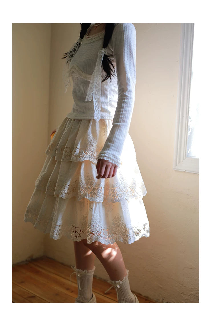 Vintage Knit top Lace Cake Skirt Set