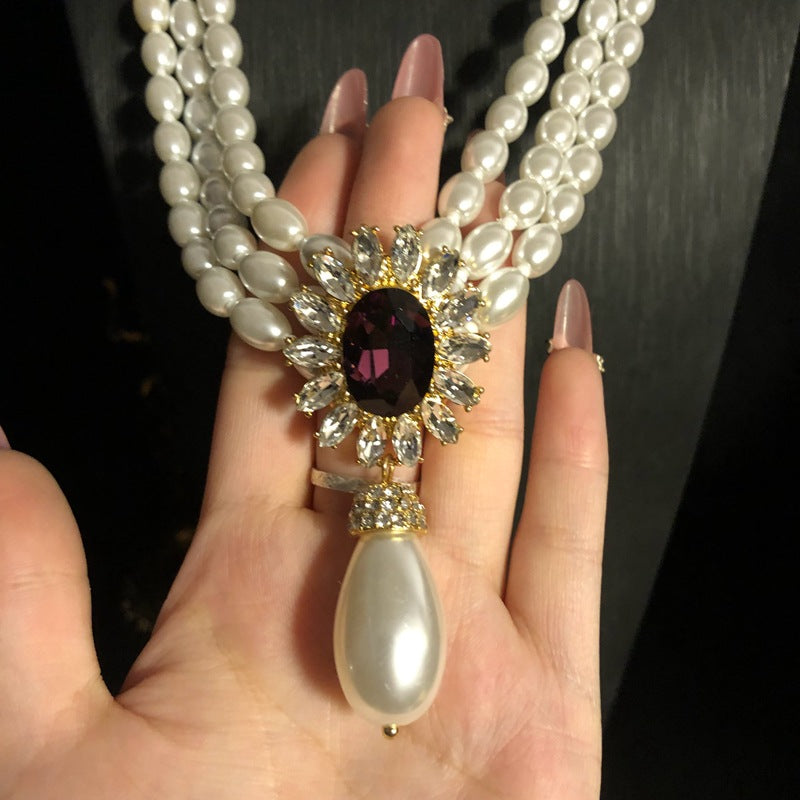 Vintage Remake Pearl necklace with gemstones earrings