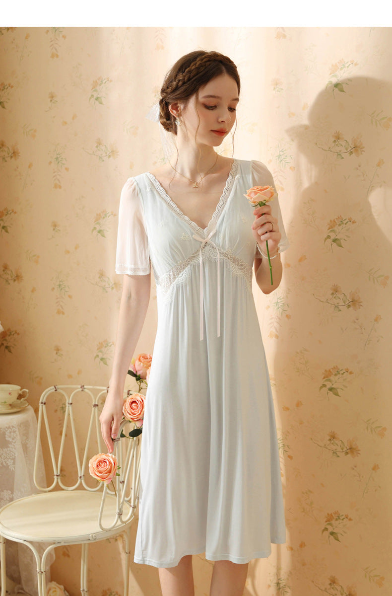 Retro V Neck Night Gowns Dress