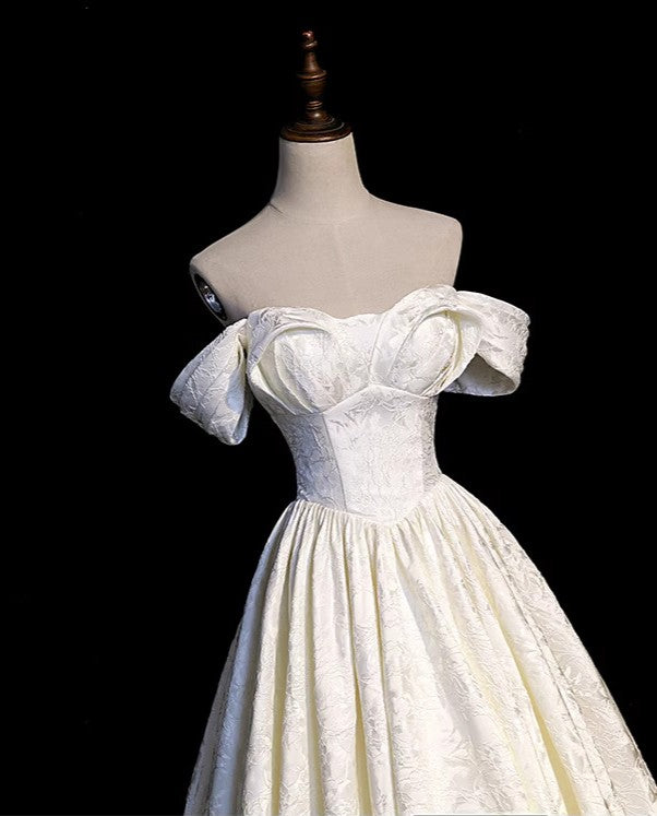 Retro Off Shoulder A-line Satin Bridal Gown Wedding Dress