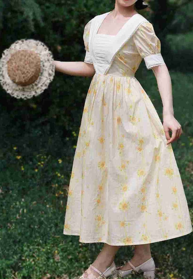Vintage Cottagecore Sunflower Cotton Dress S