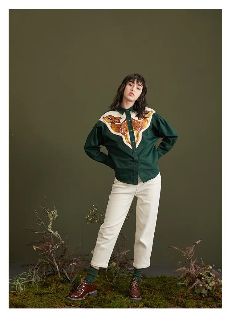 Retro Deer Embroidery Blouse Top