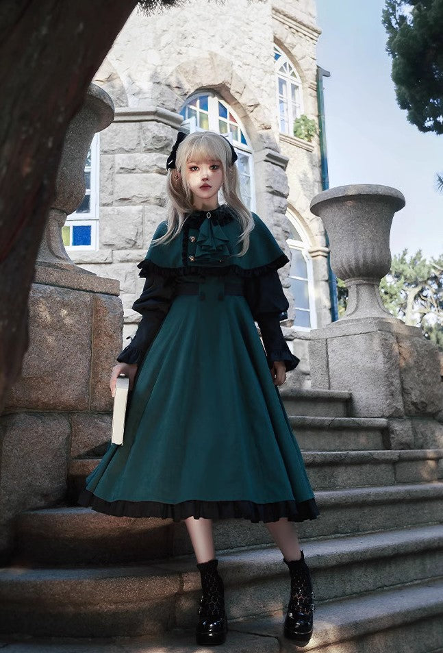 Dark Academia Witchcore Vintage Cape Dress Set