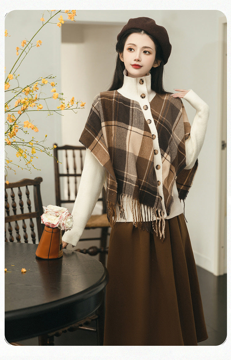 Retro Academia Plaid Cape Top & Skirt Set
