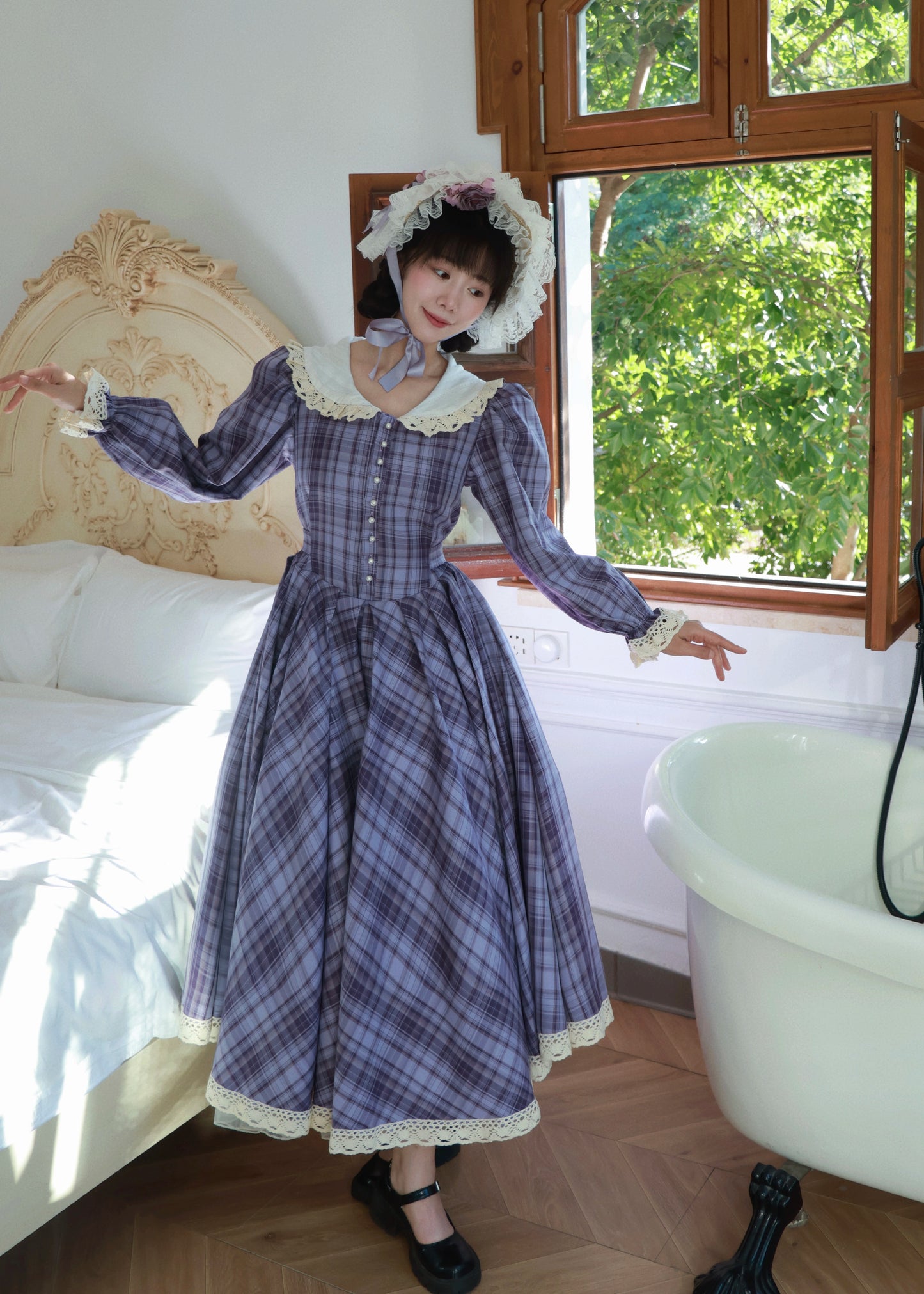 1970s Tartan Puff Sleeves Picnic Dress （Customizable）