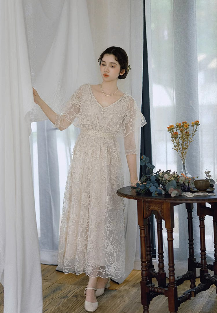 Downtown Abbey Style Embroidered Lace Cape Dress