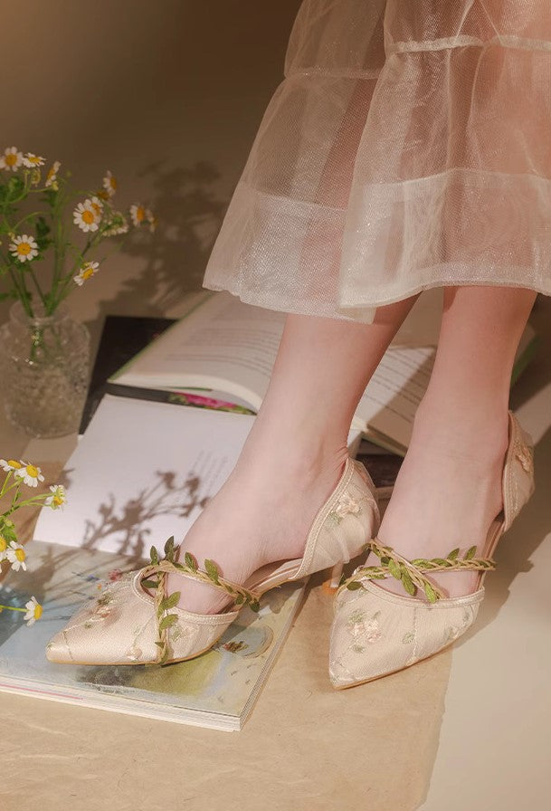 Fairycore Vine Embroidery Kitten Heel Shoes