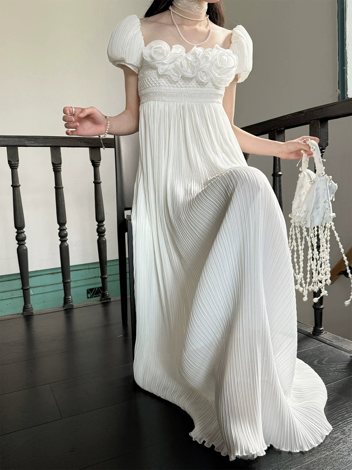 Regency Style Ruffled Pleated Dreamy Dress