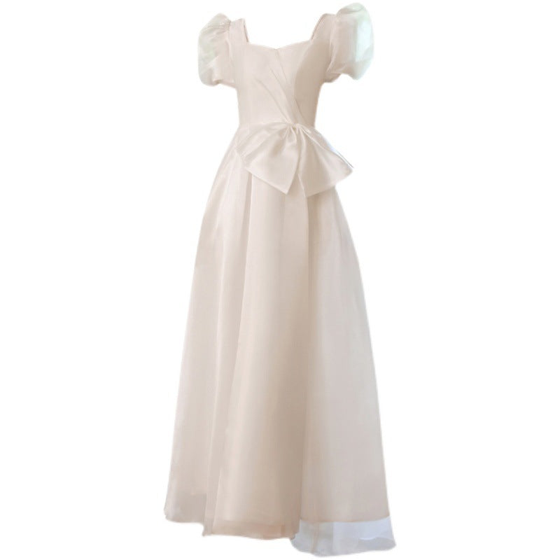 Retro Puff Sleeves Bow Tie Embellished Bridal Dress