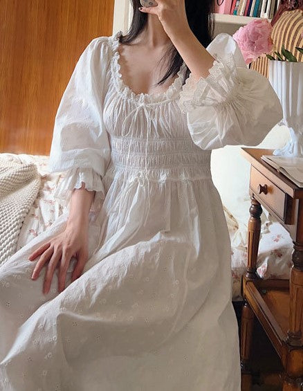 Vintage Puff Sleeves Cotton Night Gown Dress L I Retro Fairy Vintage Puff Sleeves Cotton Night Gown Dress L I Retro Fairy