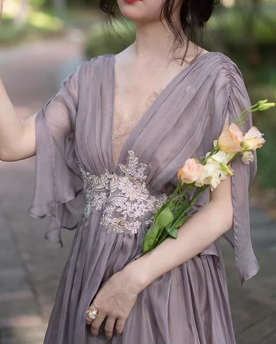 Downtown Abbey Inspired Fairycore Dress Ashy Purple / S