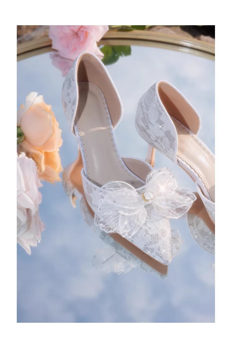 Dreamy Lace Bow Tie Pointed Toe Heels