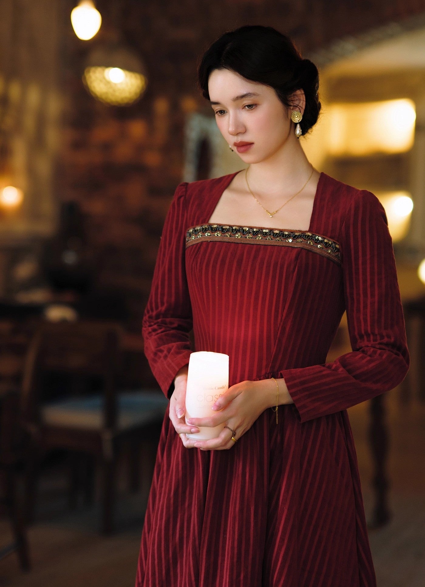 Retro Court Square neck beaded corduroy Dress